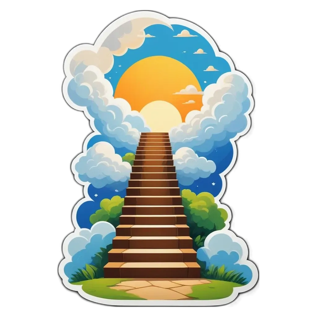 A stair case is on the front of a sticker with the sun and clouds on it.