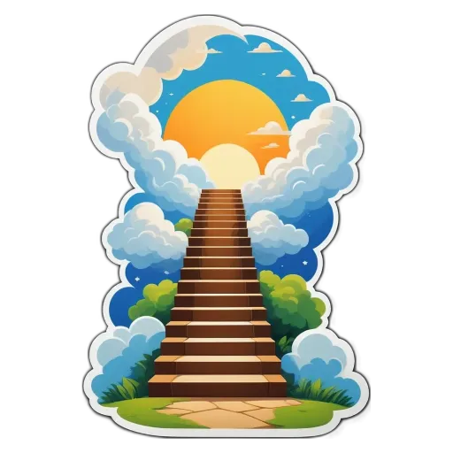 A stair case is on the front of a sticker with the sun and clouds on it.