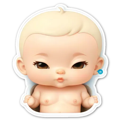 A sticker of a baby with eyes and a mouth.