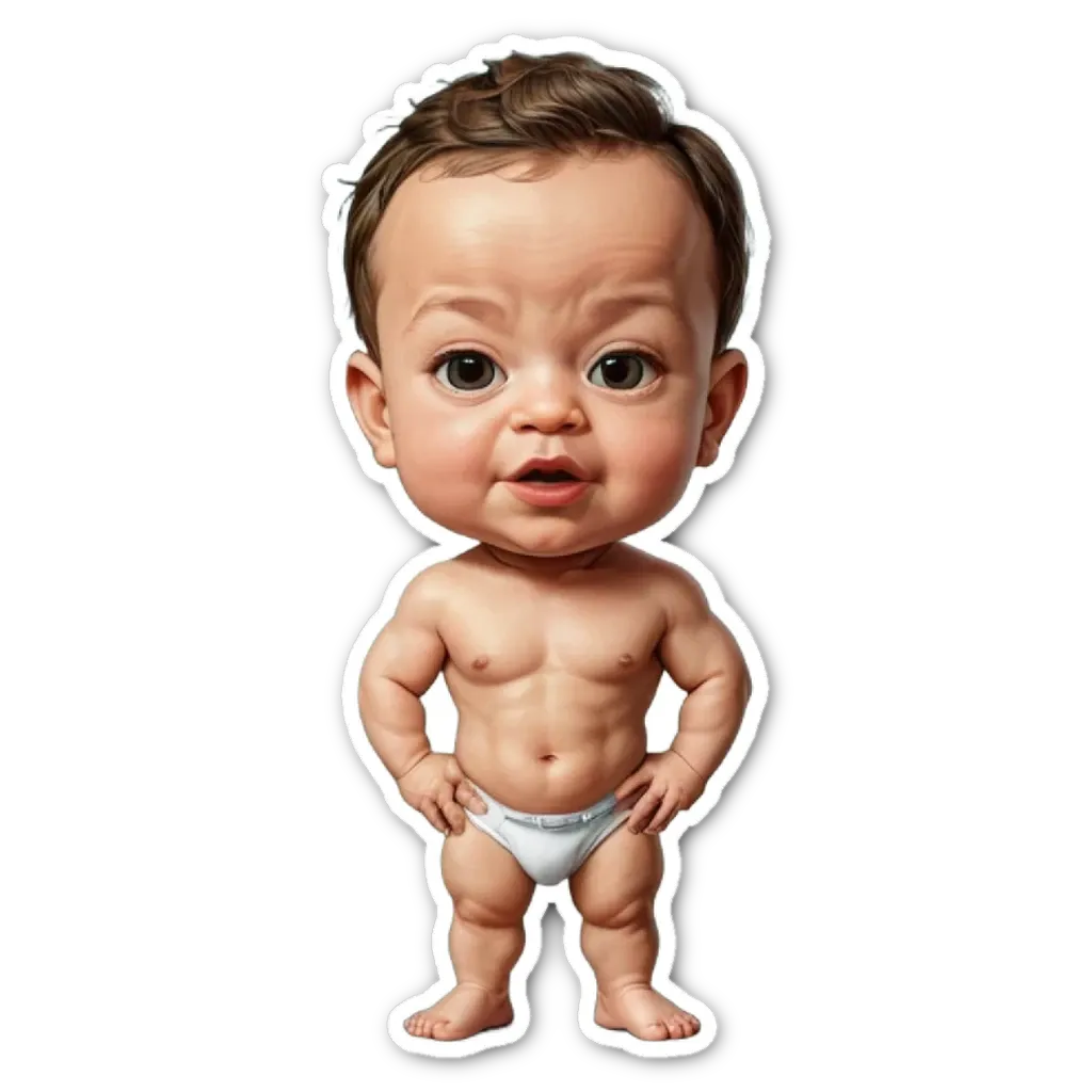 A sticker of a baby wearing a white diaper and standing with his hands on his hips.
