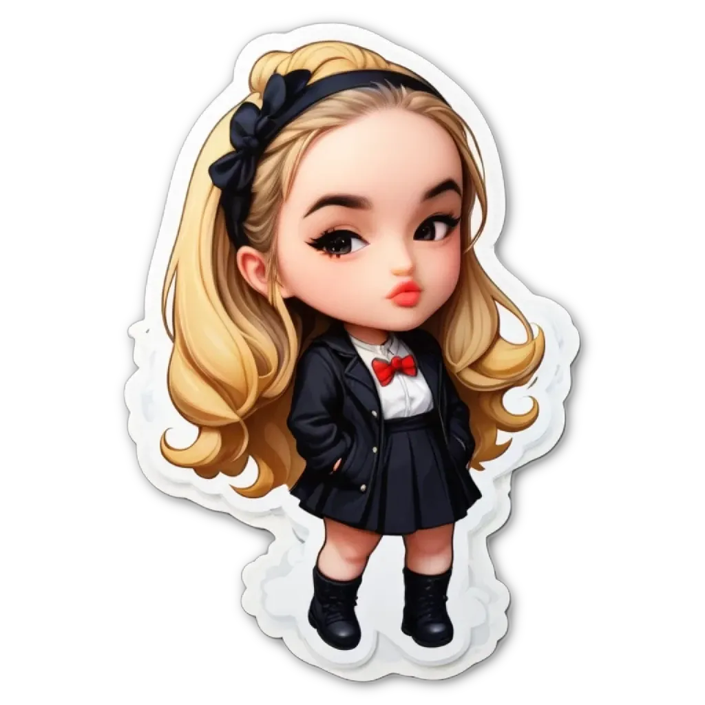 A girl is wearing a black jacket and a red bow in her hair.