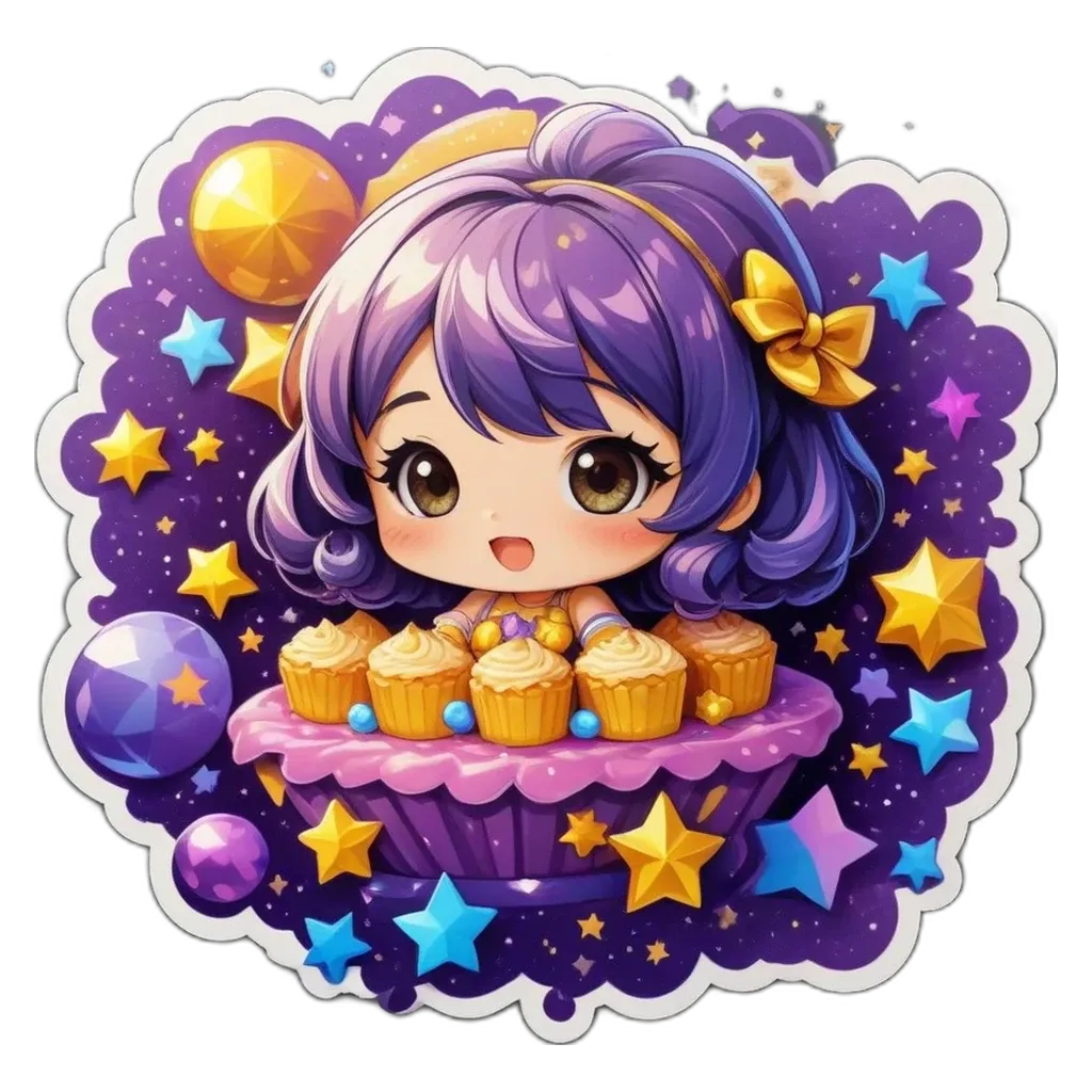 A girl is holding a cupcake in her lap and surrounded by stars.