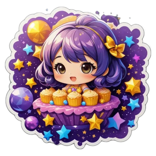 A girl is holding a cupcake in her lap and surrounded by stars.
