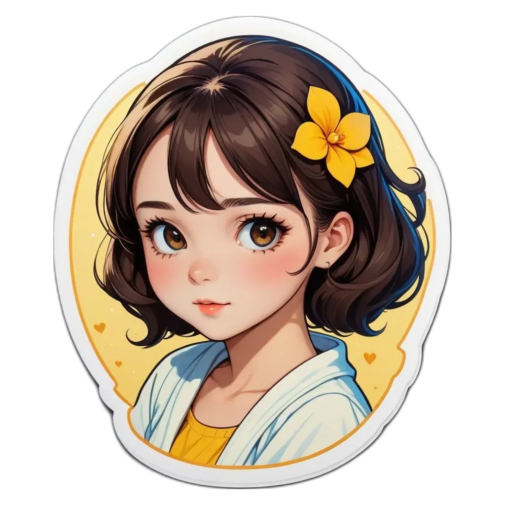 A girl with a flower on her head is painted in cartoonish style.