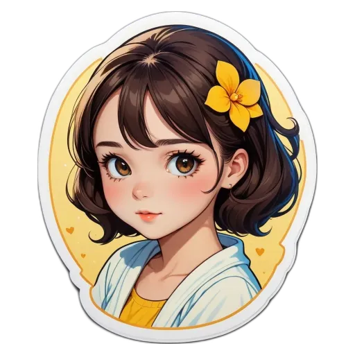 A girl with a flower on her head is painted in cartoonish style.