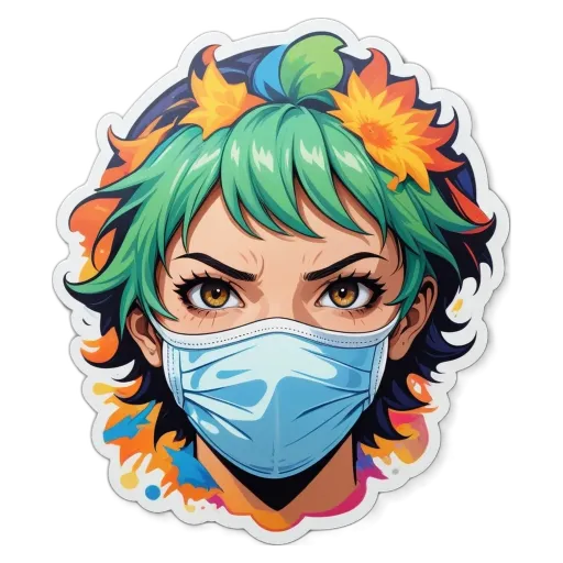 A colorful mask with a greenish hair and orange and blue flowers around the eyes.