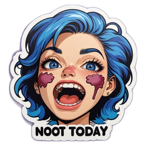 A blue haired girl with a mouthful of food and the words Noot Today on her face.