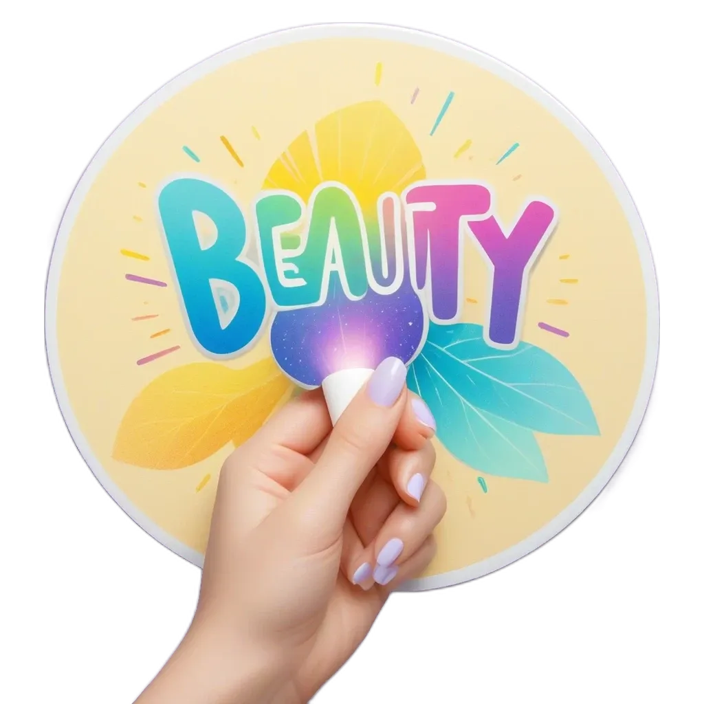 A hand is drawing with a light blue beauty sticker on a dark yellow background.