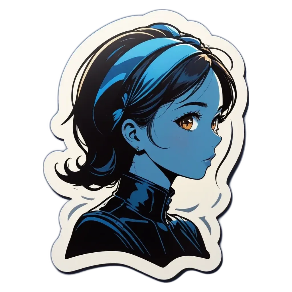 A sticker of a girl with blue hair that is on a black background.