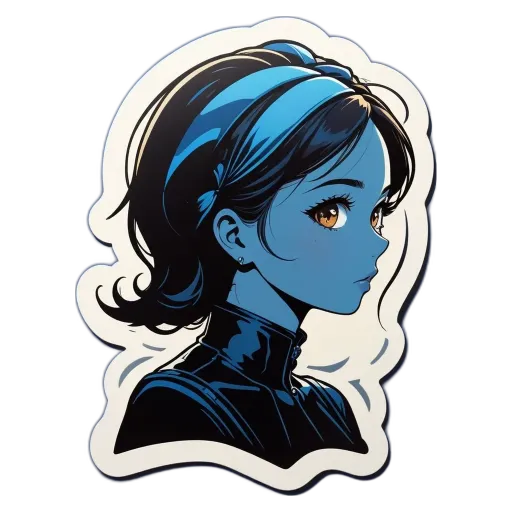 A sticker of a girl with blue hair that is on a black background.
