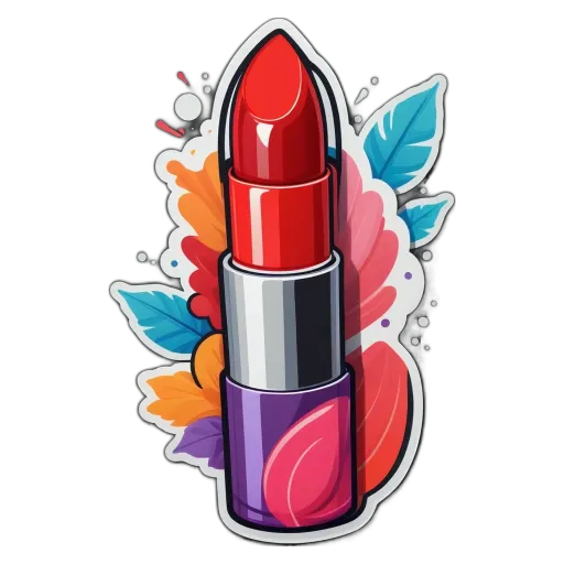 A colorful sticker of a lipstick with leaves and other designs.
