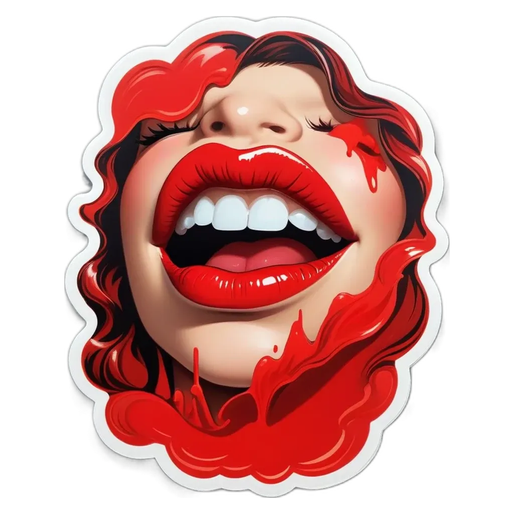 A woman's face with red lipstick and blood streaming down her cheek.