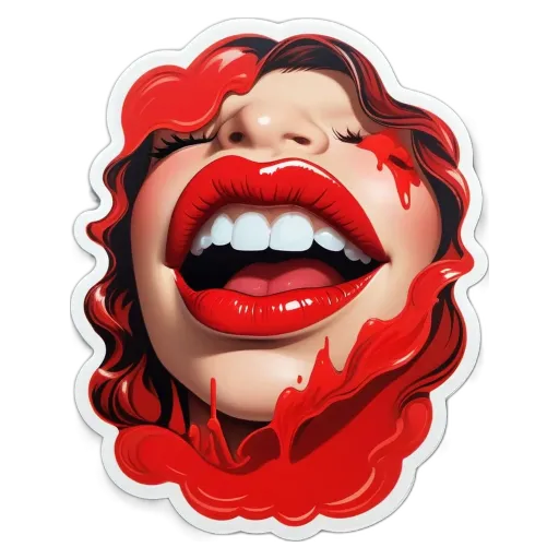 A woman's face with red lipstick and blood streaming down her cheek.