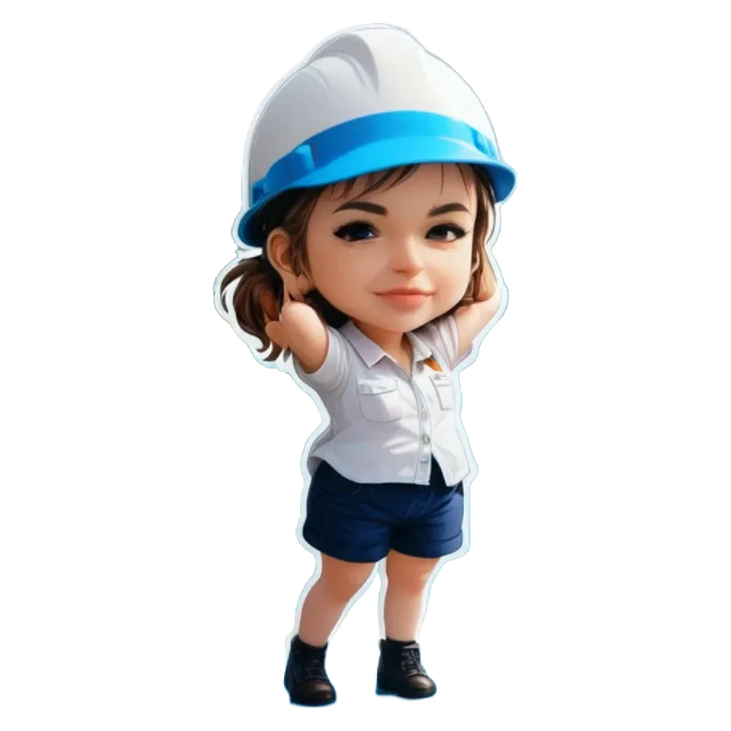 A cartoon or animated image of a girl wearing a hard hat.