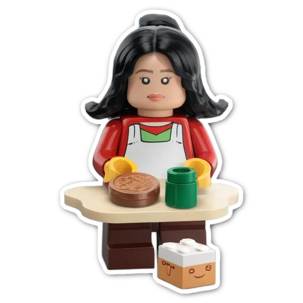 A lego person making food in a kitchen.