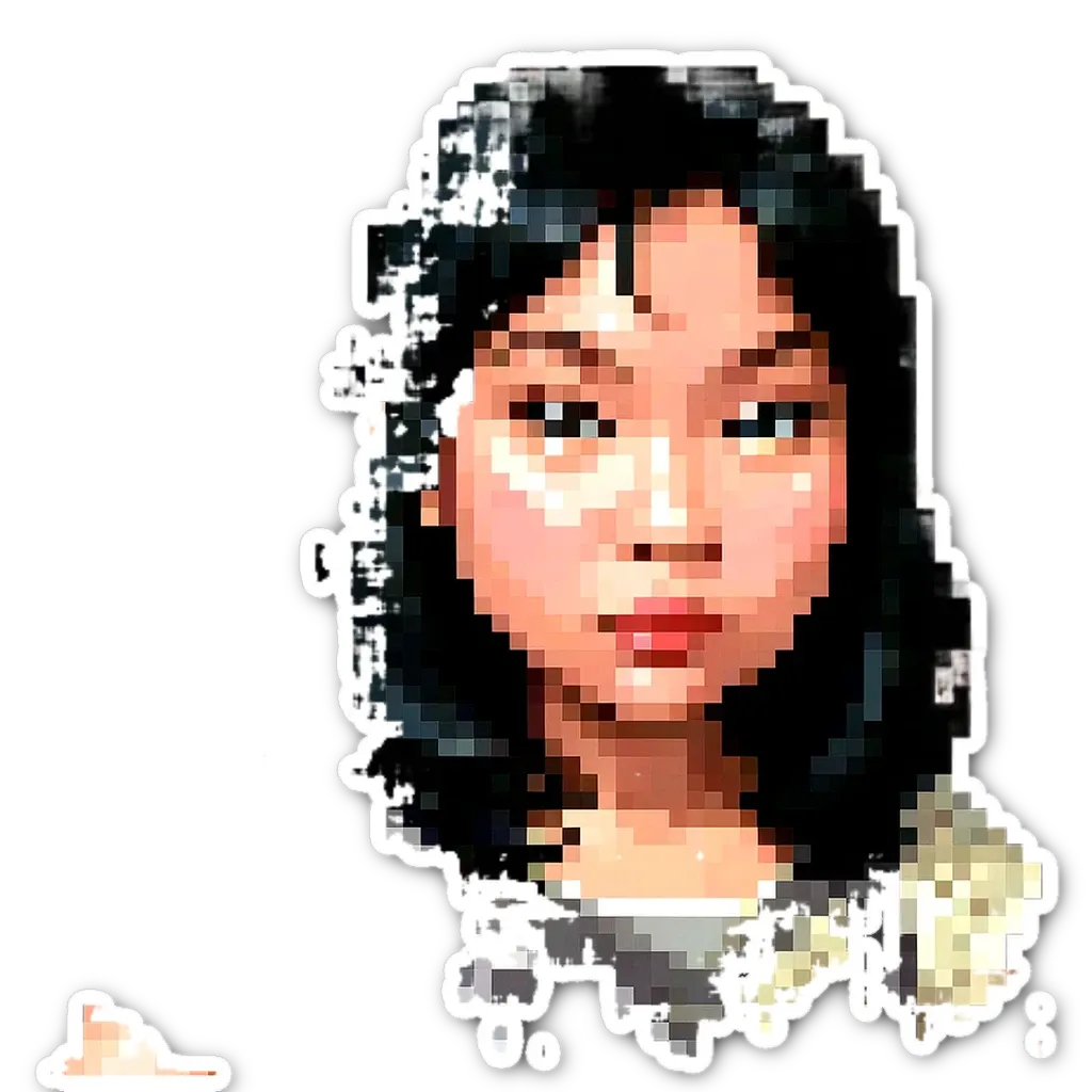 A girl with black hair that is pixelated.