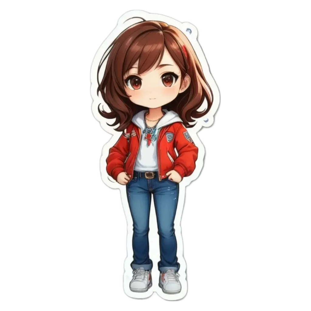 A girl is standing with her hands on her hips in a red jacket.