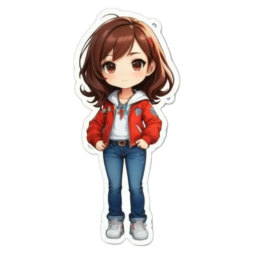 A girl is standing with her hands on her hips in a red jacket.