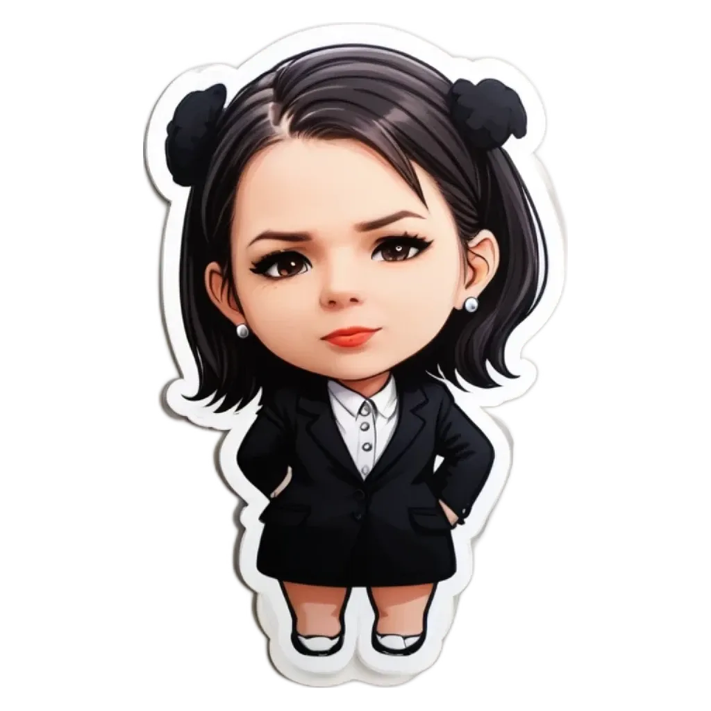 A girl with two pom poms on her hair is wearing a black jacket and shoes.