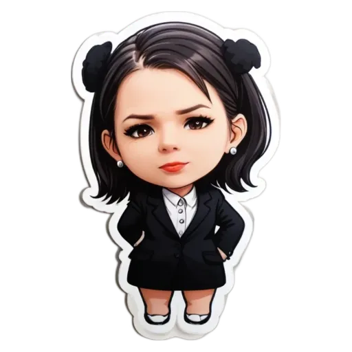 A girl with two pom poms on her hair is wearing a black jacket and shoes.