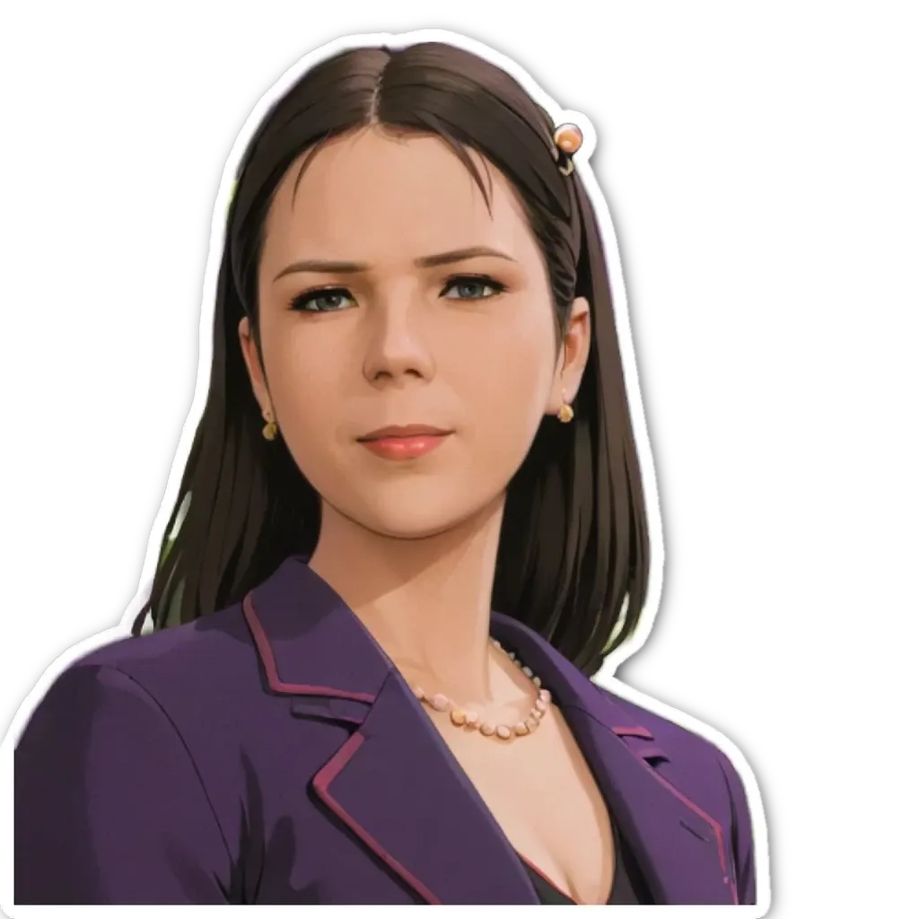 A woman wearing a purple blazer is staring at the camera.