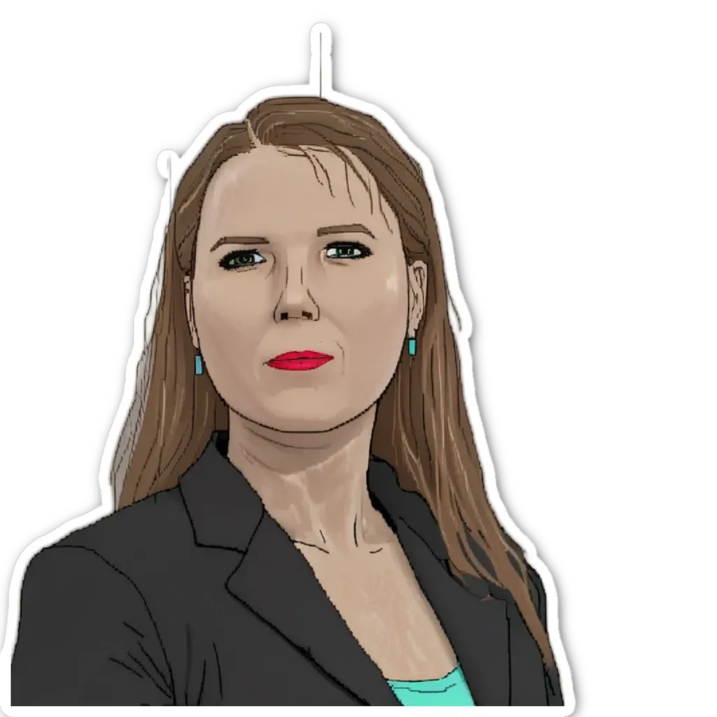 A woman wearing a black jacket and a light blue shirt.