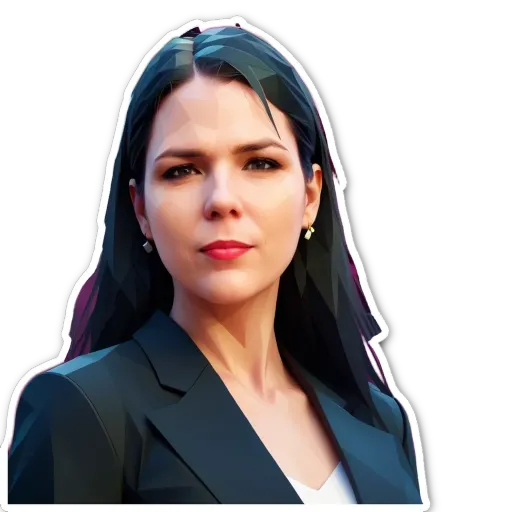 A woman wearing a suit is staring at the camera.