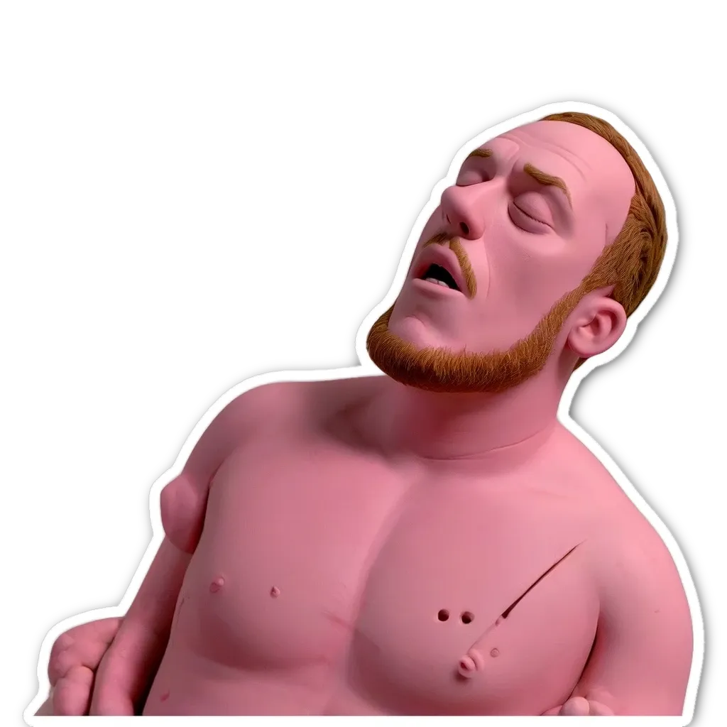 A sticker of a man with a beard and no shirt.