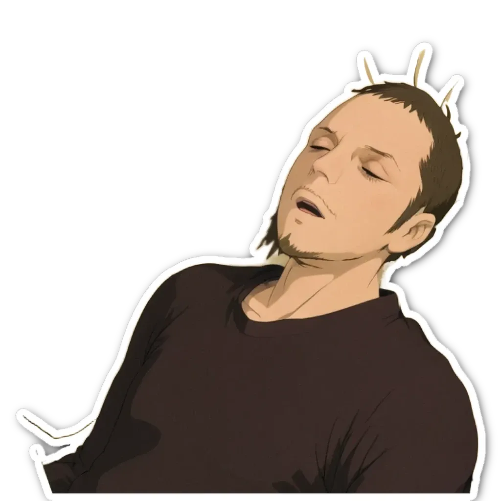 A sticker of a man with his eyes closed.