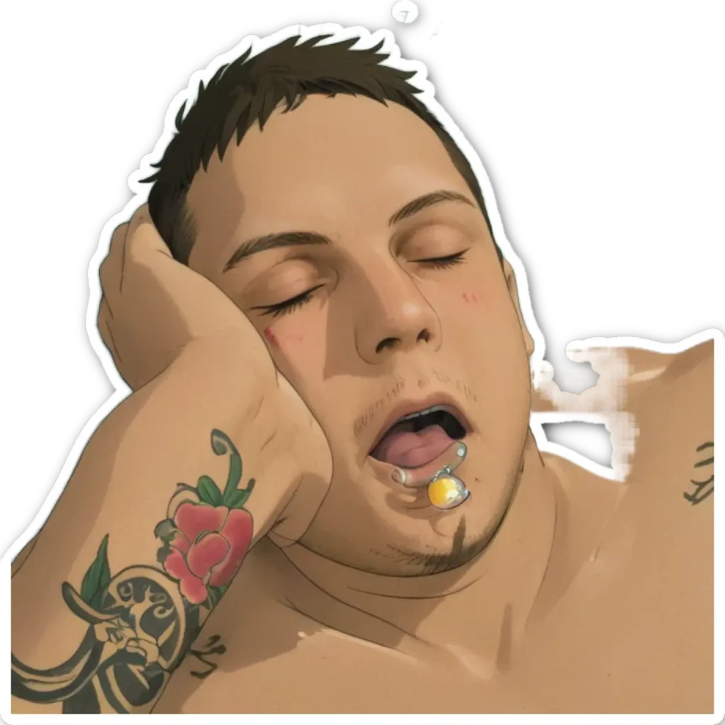 A sticker of a man with tattoos who is asleep.