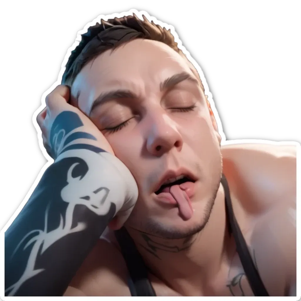 A man with tattoos has a sticker in his right mouth.