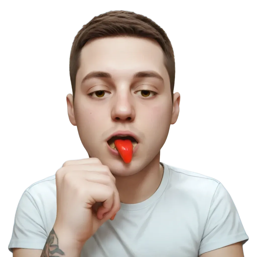 A man with a red tongue is sticking his tongue out.