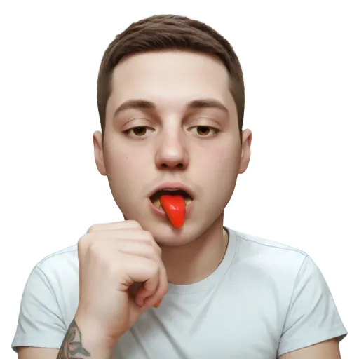 A man with a red tongue is sticking his tongue out.