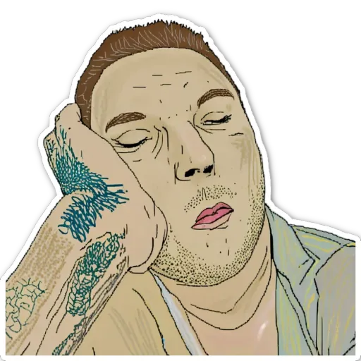 A man with tattoos is sleeping with his hand on his face.