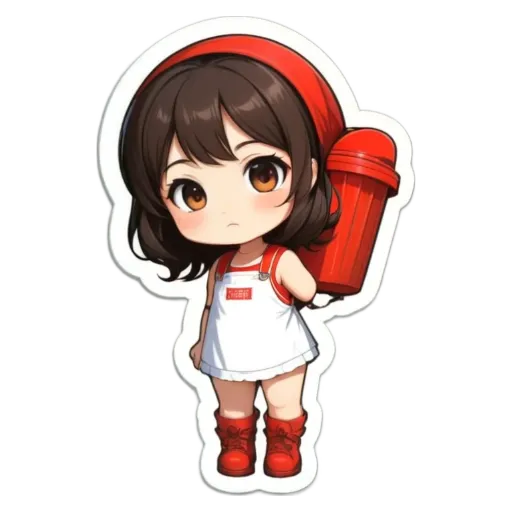 A girl wearing a white dress is holding a red fire hydrant.