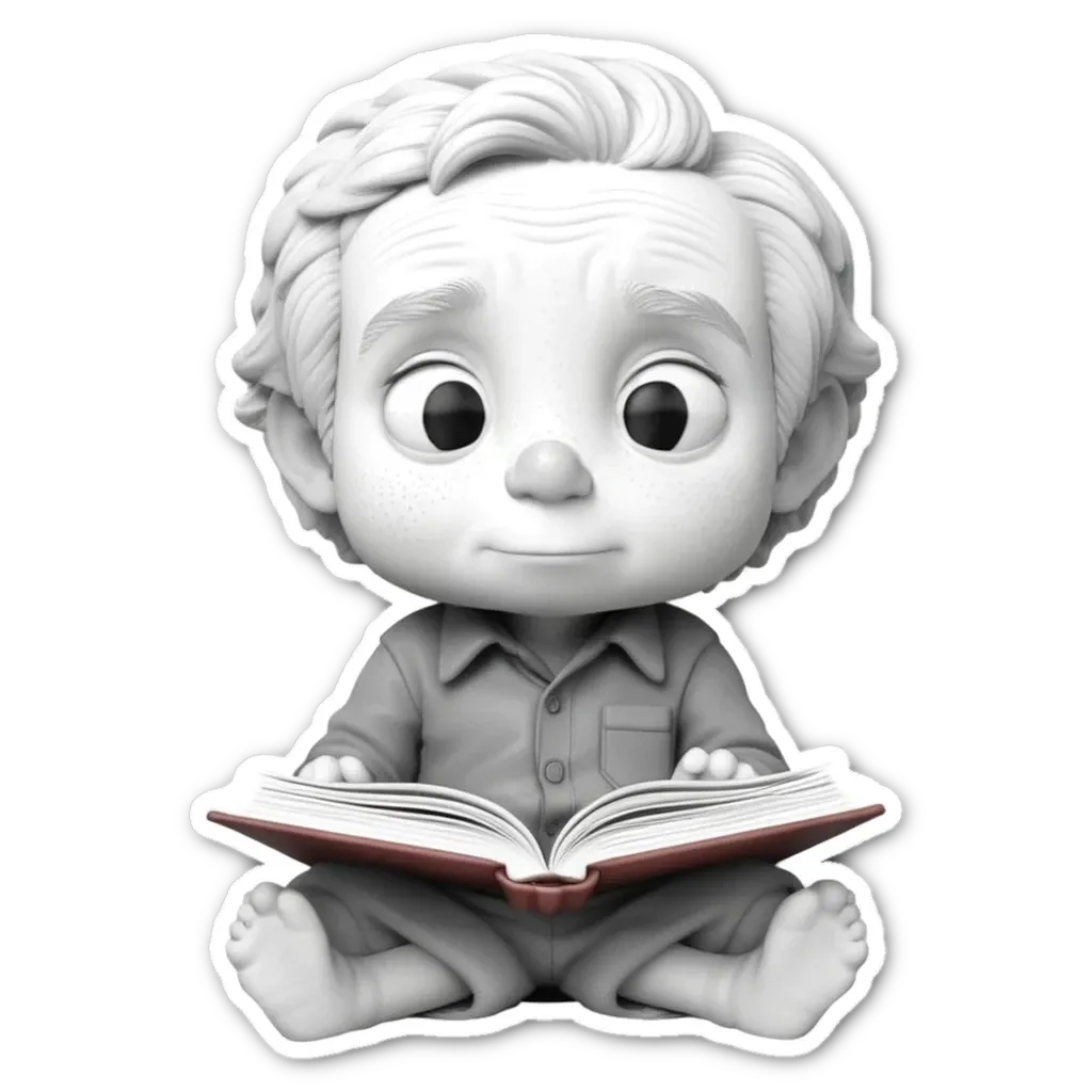 A small boy reading a book with a sticker that has a boy reading as well.