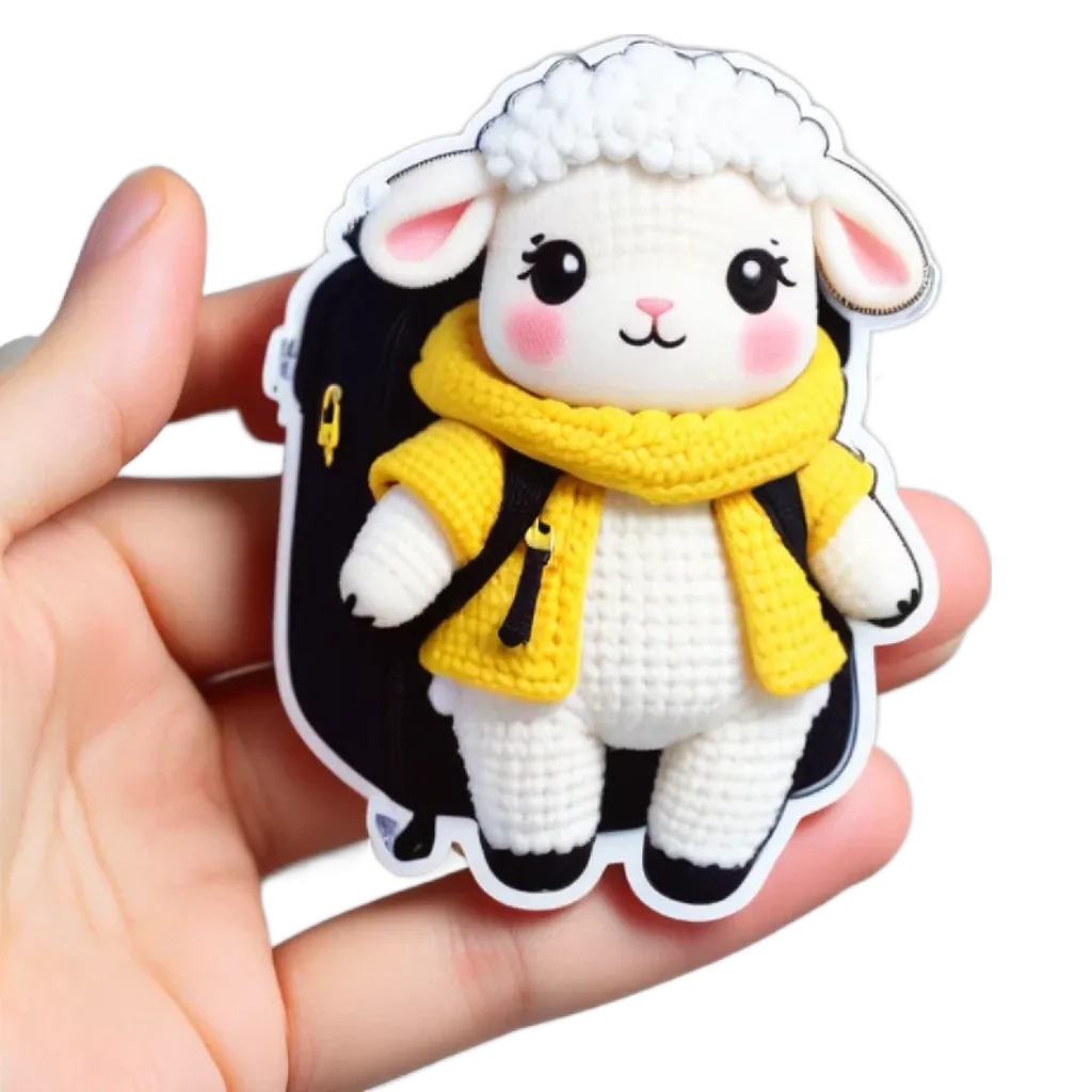 A hand holding a sheep that is wearing a backpack.