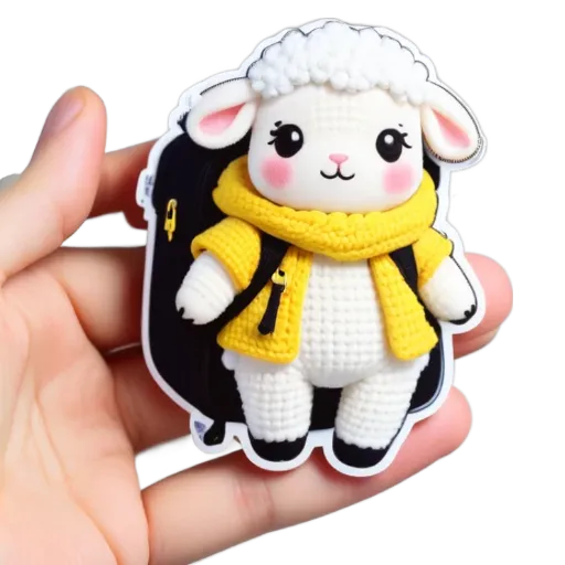 A hand holding a sheep that is wearing a backpack.