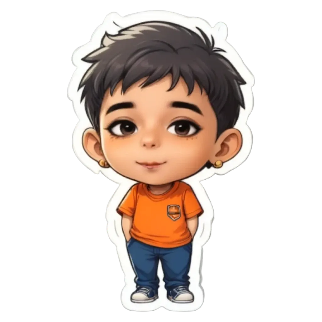 A boy wearing an orange shirt with blue jeans standing with his hands in his pockets.