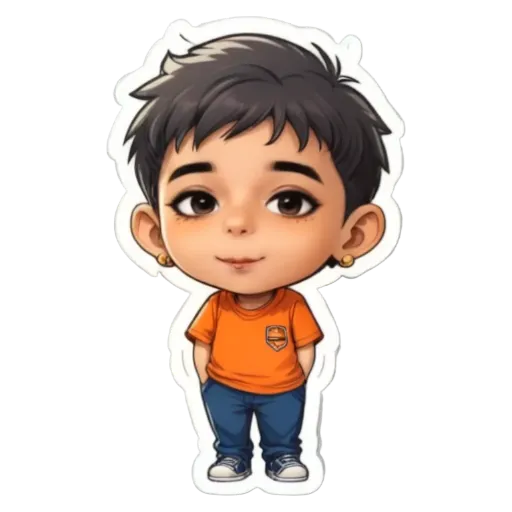 A boy wearing an orange shirt with blue jeans standing with his hands in his pockets.