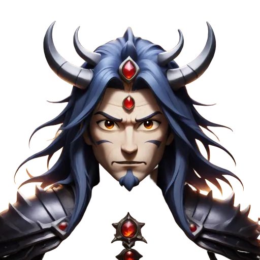 A man with long hair and two horns is facing forward.