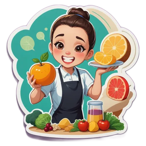A cartoon image of a woman holding fruit and a plate of fruit.