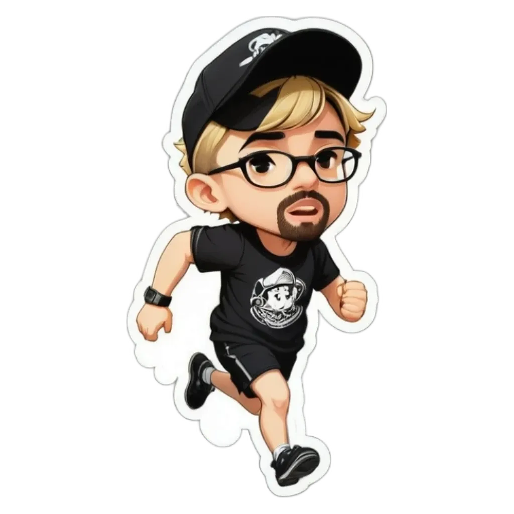 A boy that is running with a sticker that has his picture on it.