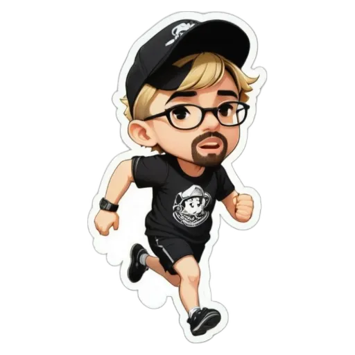 A boy that is running with a sticker that has his picture on it.