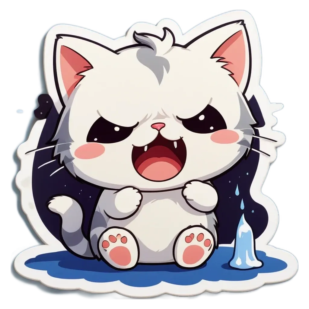 A white cat with yellow eyes and a mouth open.