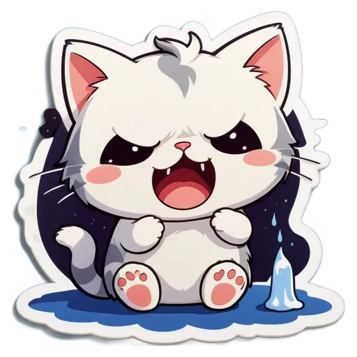 A white cat with yellow eyes and a mouth open.