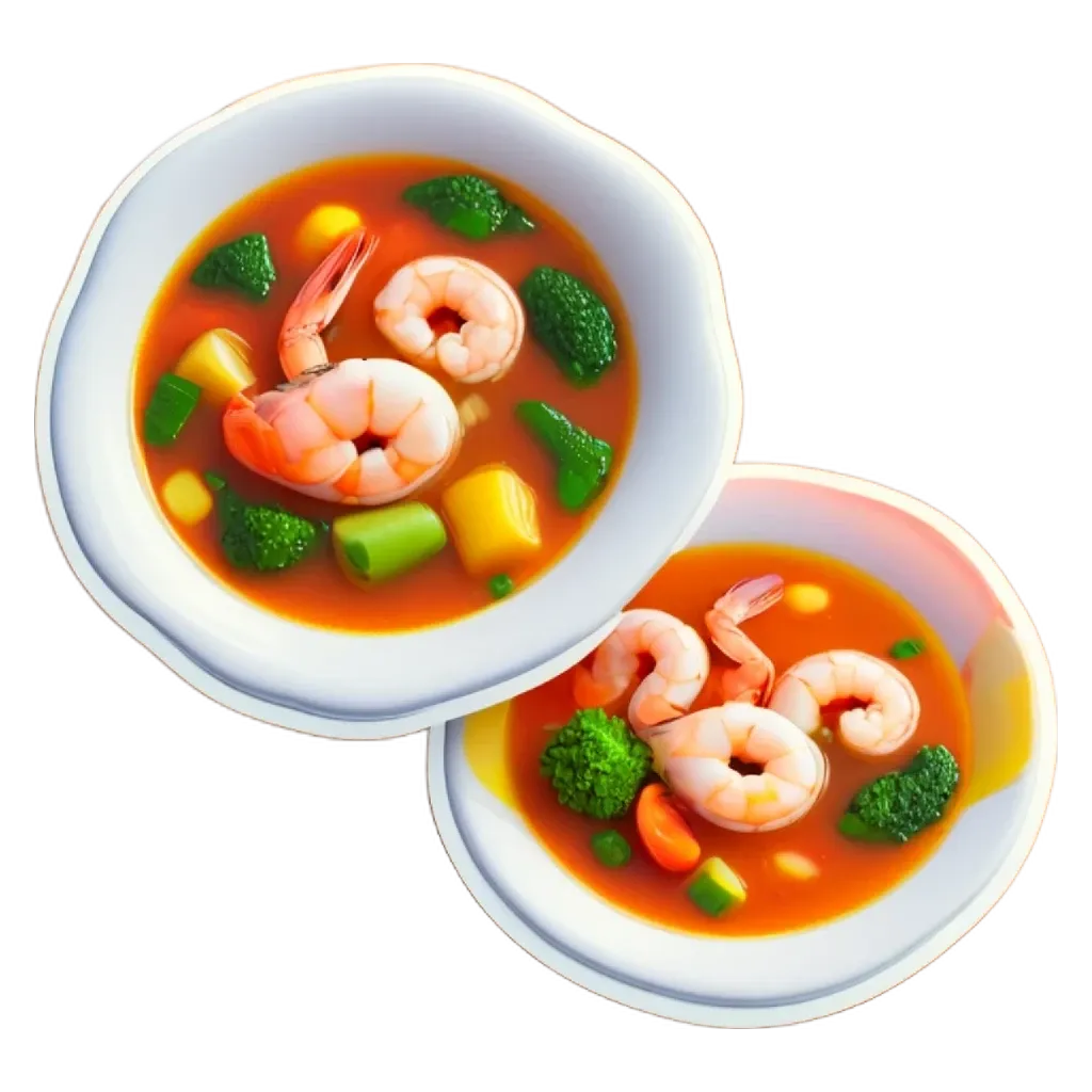 A picture of two bowls of soup with shrimp and vegetables in them.