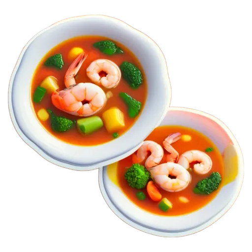 A picture of two bowls of soup with shrimp and vegetables in them.