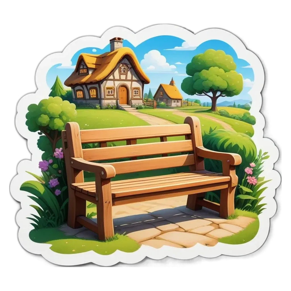 A bench is depicted with a house and trees in the background.