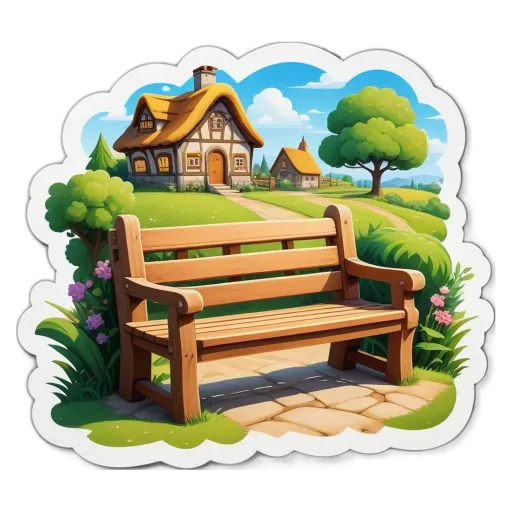 A bench is depicted with a house and trees in the background.